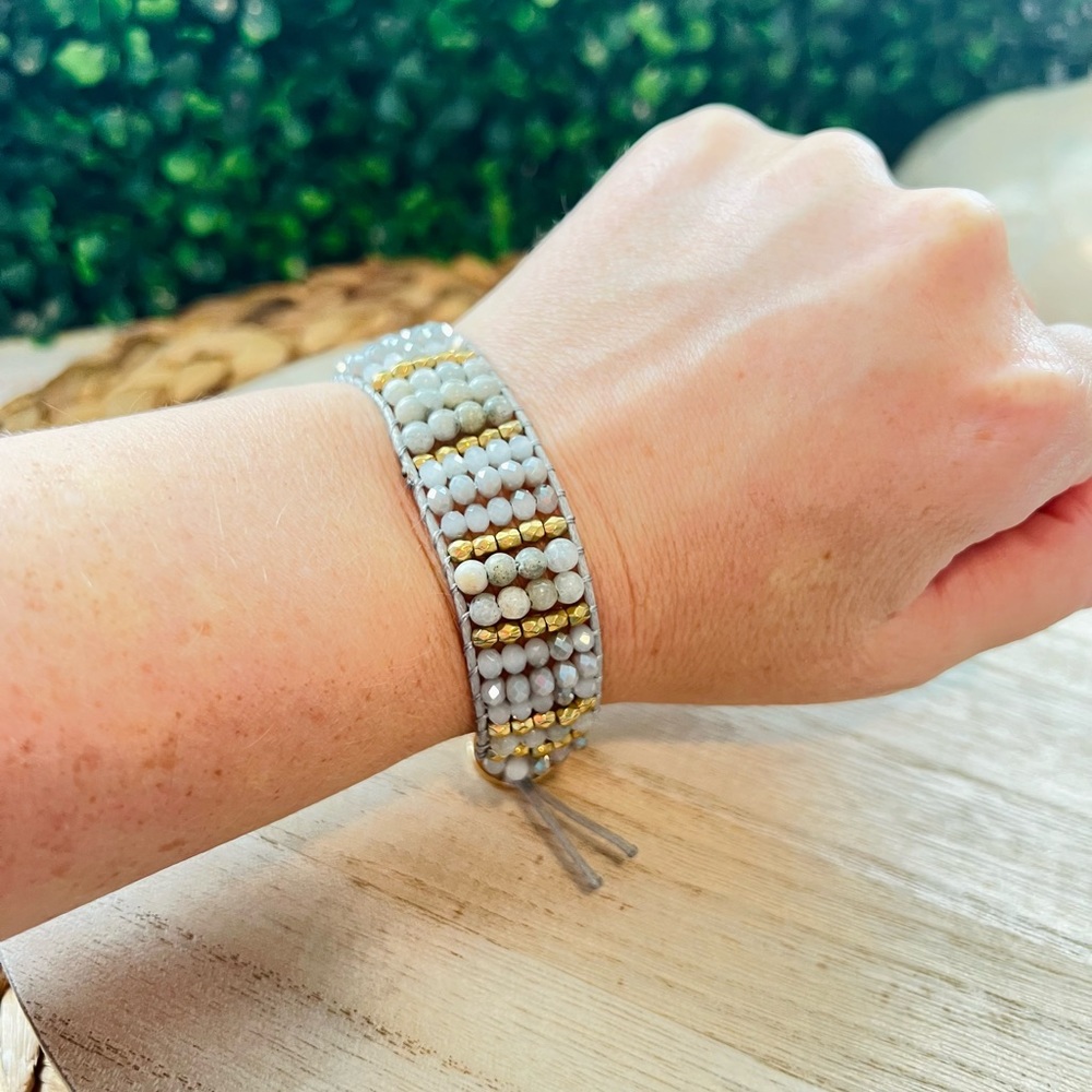 Beaded Adjustable Bracelet | Button Closure | Gray and Gold | NWT | Boutique
